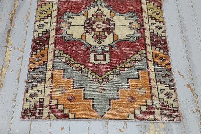 Vintage Oushak Turkish Runner Rug, Hallway Runner, Oriental, Wool Runner, Handmade, Geometric, Vibrant Faded Red, Beige photo 275.0
