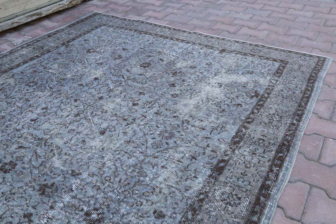 5.9x9.8, Turkish Vintage Oushak Rug, Floral Area Rug, Wool, Room Decor, Living Room Rug, Turkey Rug, Handmade, Blue, Brown Distressed Faded photo buy