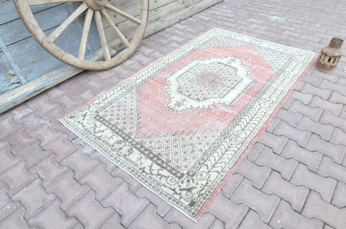 4x7 Turkish Area Rug, Vintage Oushak Wool Rug, Home Decor, Handmade Bohemian Rug, Eclectic Unique Rug, Wool Rug, Kitchen Faded Red 4x6.9 photo Textiles