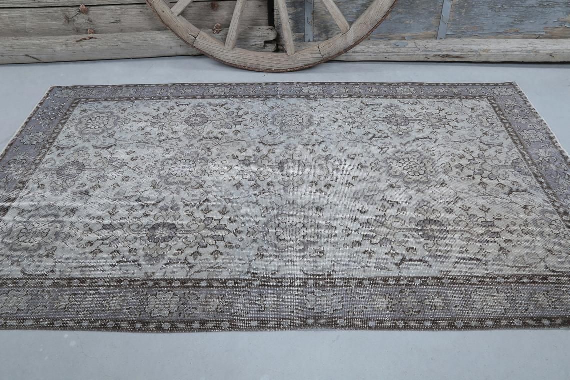3.7x6.6, Turkish Vintage Neutral Gray Beige Rug, Oushak Rug, Wool Room Decor, Floral, Living Room Rug, Natural Faded Pastel Purple, Grey Rug photo Textiles