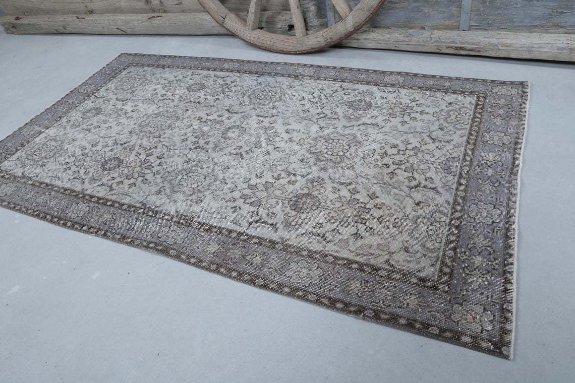 3.7x6.6, Turkish Vintage Neutral Gray Beige Rug, Oushak Rug, Wool Room Decor, Floral, Living Room Rug, Natural Faded Pastel Purple, Grey Rug photo 228.0