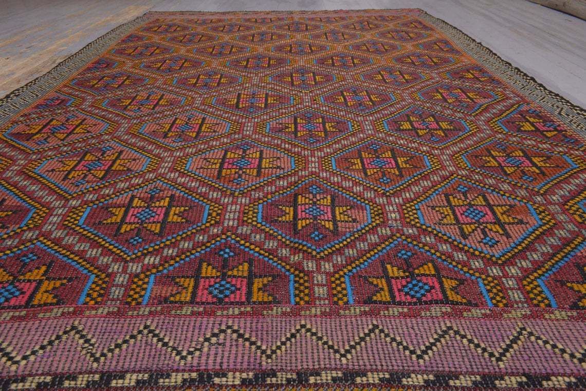 65x97, Turkish Kilim, Flatweave Rug, Vintage Kilim, Oushak Kilim, Handmade, Wool Kilim, Large , Area Kilim, Geometric, Manta, Orange, Blue photo for sale