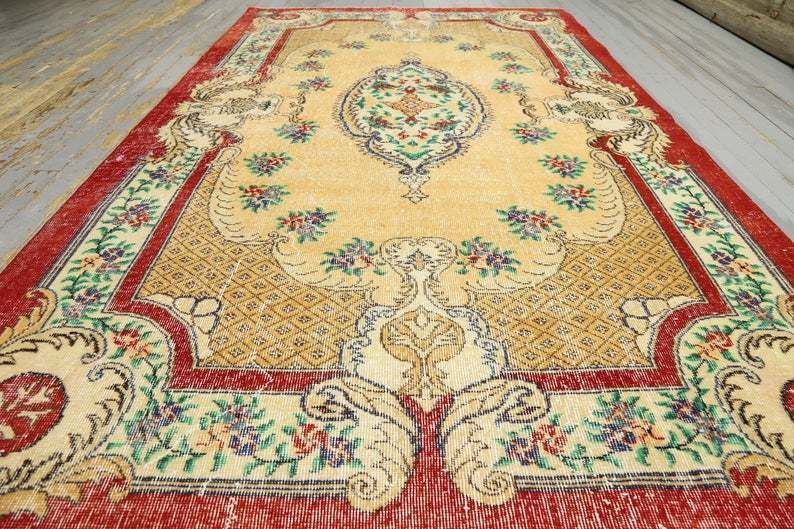 5.5x9.1, Antique Turkish Rug, Bohemian Rug, Natural Oushak Rug, Turkey Rug, Area Rug Carpet Beige Red Green Floral Wool Rug, Floral Rug photo for sale