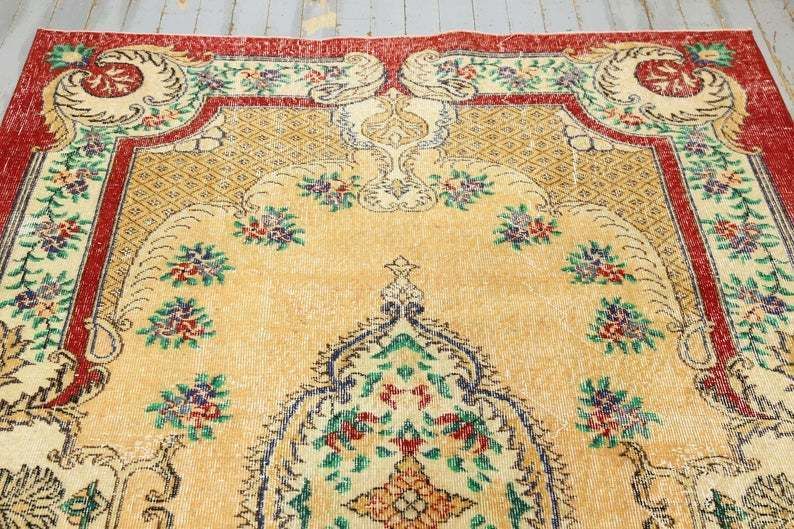5.5x9.1, Antique Turkish Rug, Bohemian Rug, Natural Oushak Rug, Turkey Rug, Area Rug Carpet Beige Red Green Floral Wool Rug, Floral Rug photo 415.0