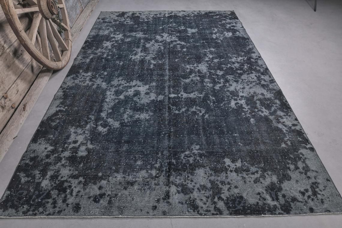 7x10.8 Distressed Black Dark Blue Vintage Turkish Faded Rug, Oushak Rug, Farmhouse Decor, Home Decor, Wool Rug, Area Rug, Modern, Decor