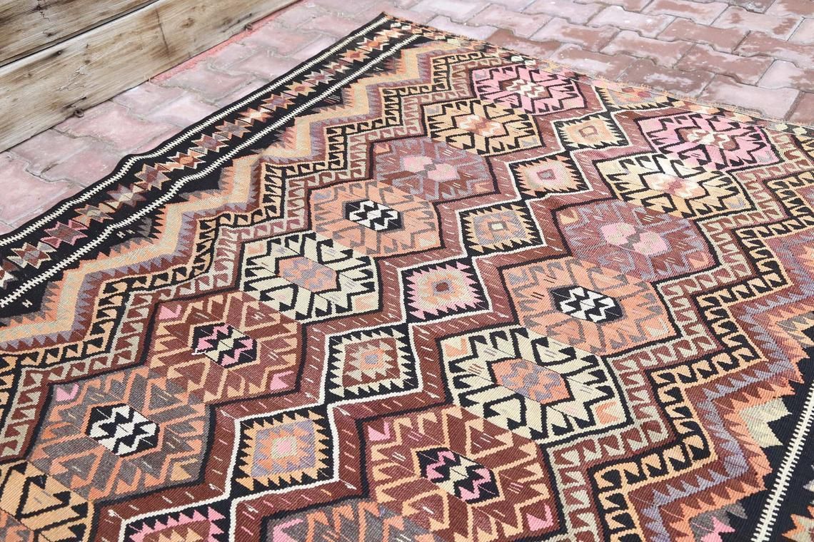 5x13 Kilim, Faded Brown Flatweave Wide Runner, Turkish Vintage Oushak Runner, Runners Rugs, Vintage Rug, Turkish Carpet, Pink, Brown 5.2x13 photo Textiles