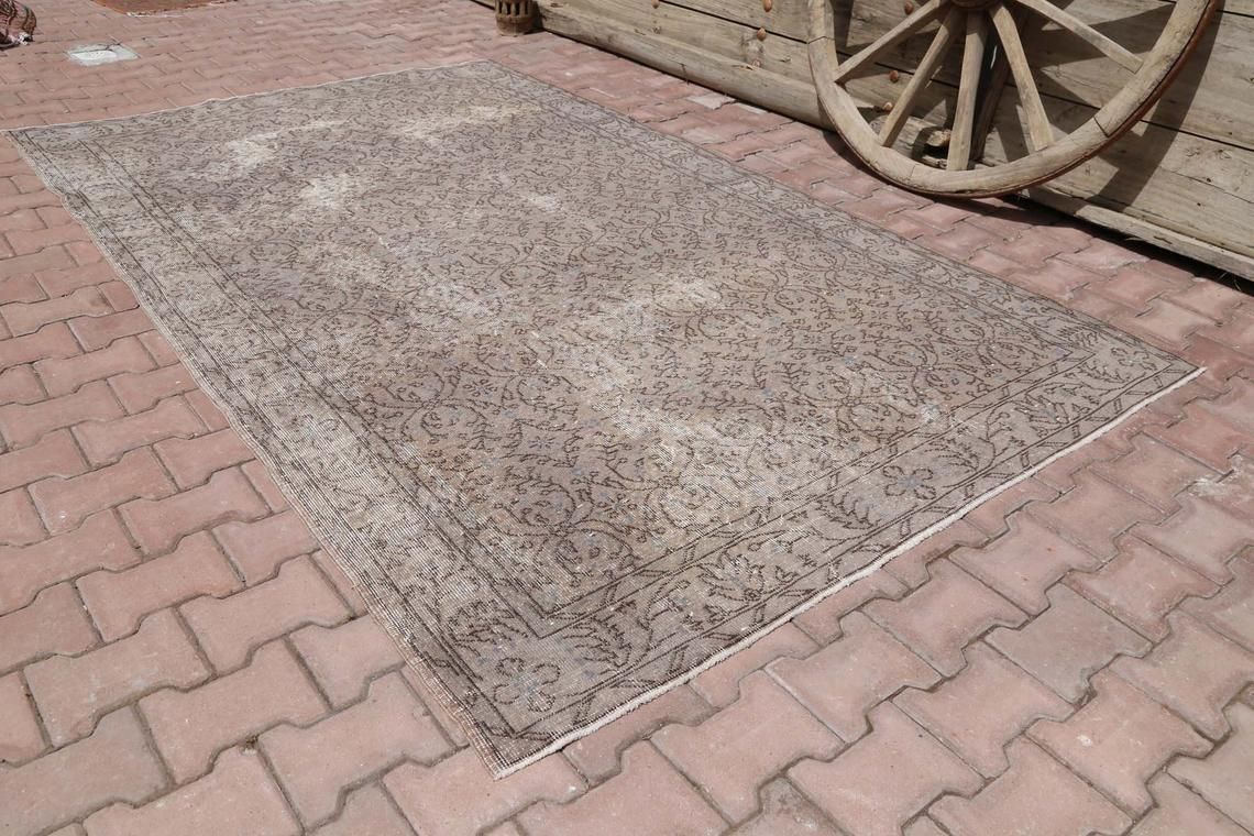 5.7x6.9 Turkish Vintage Rug, Brown Area Oushak Rug, Wool Rug, Room Decor, Floral, Living Room Rug, Distressed Rug, Boho Chic Art Deco photo furniture