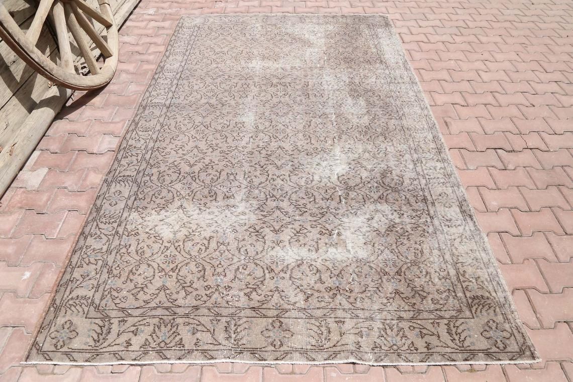 5.7x6.9 Turkish Vintage Rug, Brown Area Oushak Rug, Wool Rug, Room Decor, Floral, Living Room Rug, Distressed Rug, Boho Chic Art Deco photo Textiles