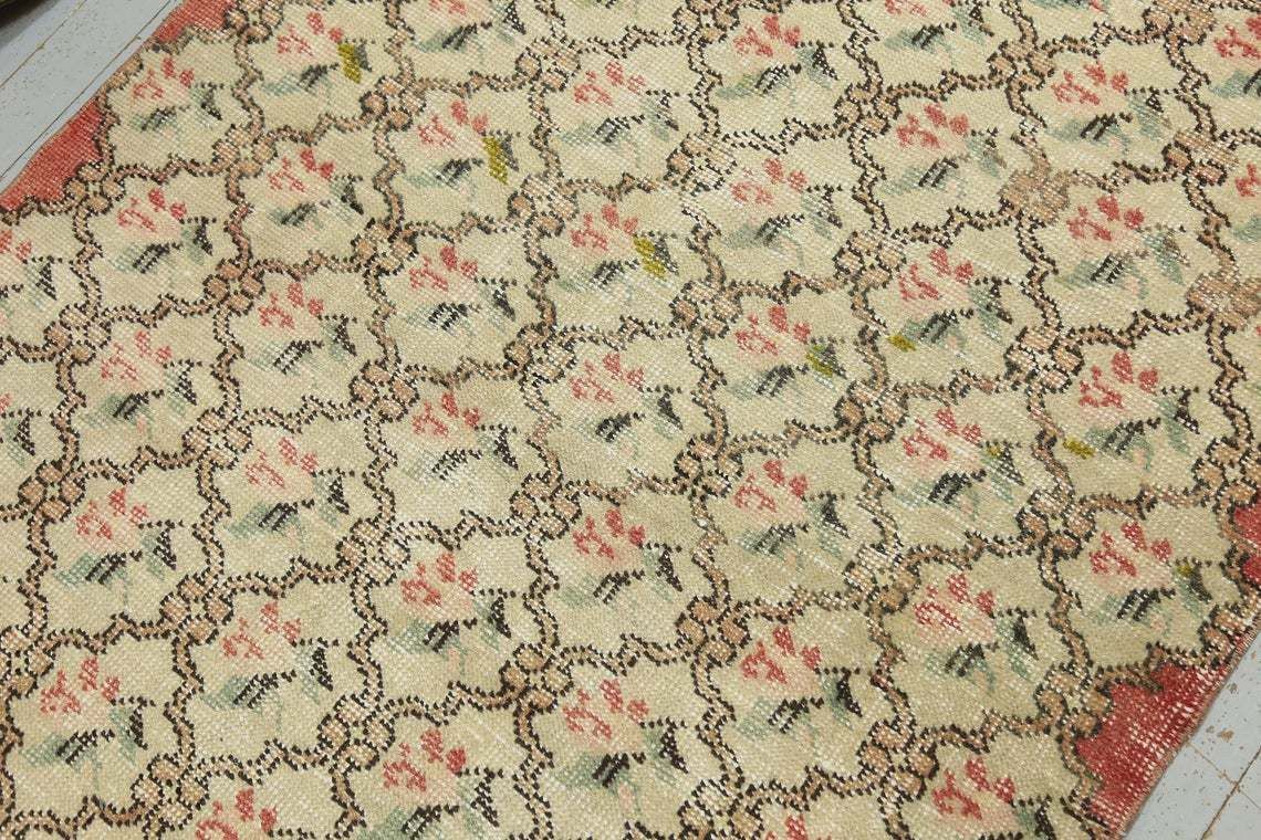 4.2x7.7, Turkish Vintage Rug, Distressed, Area Rug, Oushak Bohemian Rug, Turkey Rug, Wool, Floral, Kitchen Rug, Small, Beige, Red Faded photo 297.0