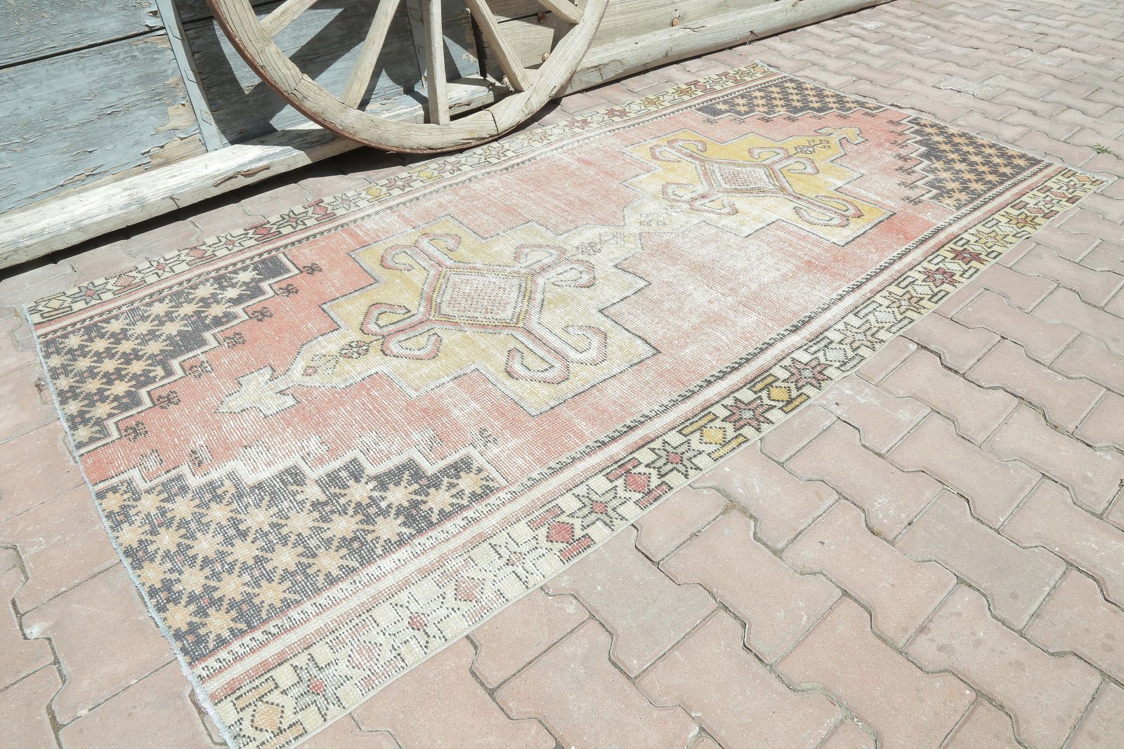 Distressed Neutral Boho Chic Vintage Rug, Natural Bohemian Handmade, Small Anatolian, Turkish Rug, Antique Rug photo furniture