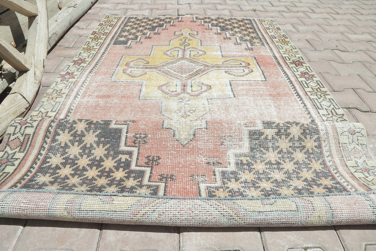 photo for sale Distressed Neutral Boho Chic Vintage Rug, Natural Bohemian Handmade, Small Anatolian, Turkish Rug, Antique Rug