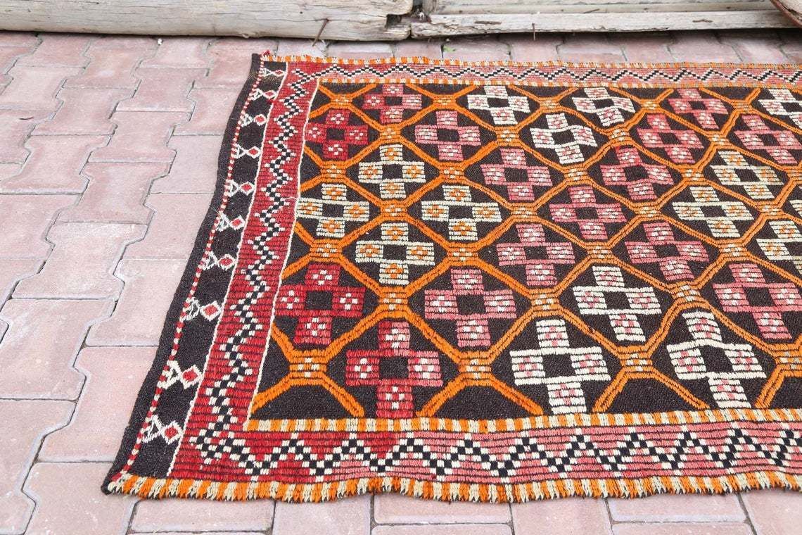 4x102, Turkish Kilim Wide Flatweave Runner, Vintage Oushak Kilim, Wool, Handmade, Hallway Runner, Home Decor, Turkish Runner, Red, Orange photo furniture