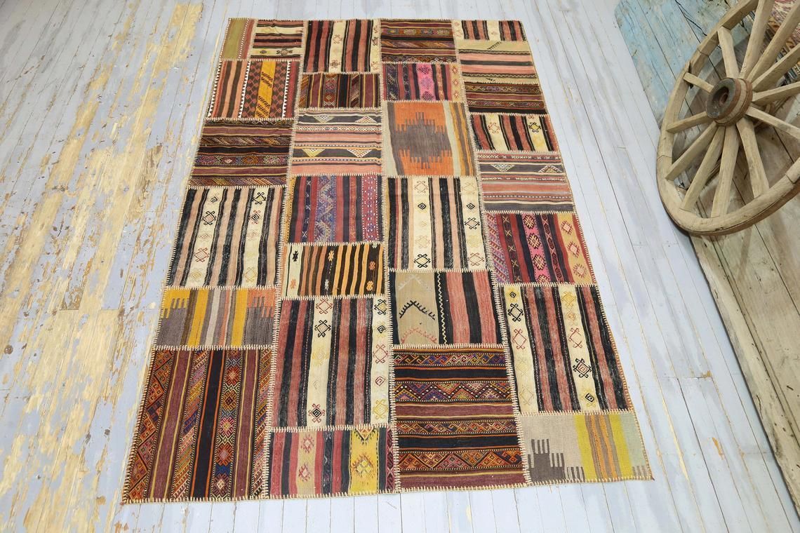 6.4x10.2 Kilim Flatweave Patchwork Rug, Authentic Antique Rug, Turkish Area Rug, Home Decor, Rare, Boho, Turkey, Tribal Rug, Geometric Rug