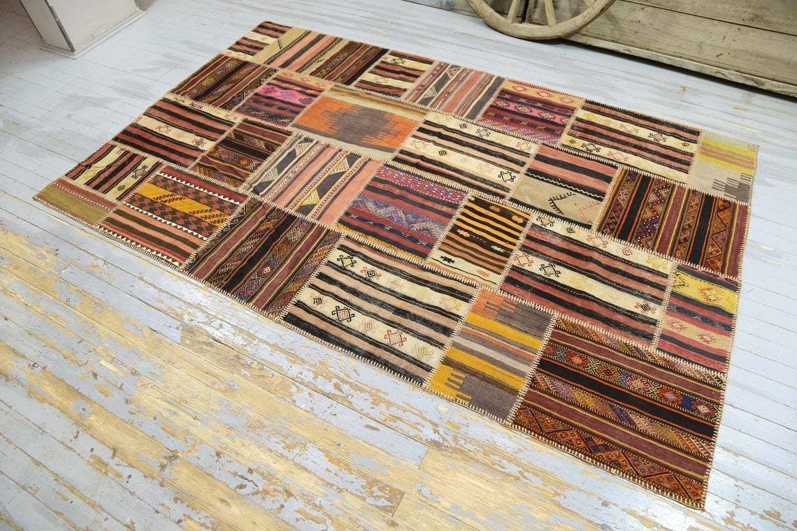 6.4x10.2 Kilim Flatweave Patchwork Rug, Authentic Antique Rug, Turkish Area Rug, Home Decor, Rare, Boho, Turkey, Tribal Rug, Geometric Rug photo furniture