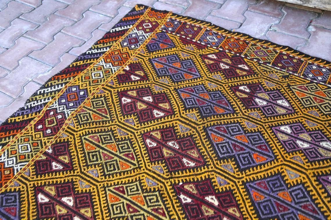 Kilim, 5x7.3, Flatweave Turkish Rug, Vintage Rug, Oushak Rug, Geometric Rug, Traditional Rug, Area Rug, Wool Rug, Turkey Rug, Yellow photo 319.0
