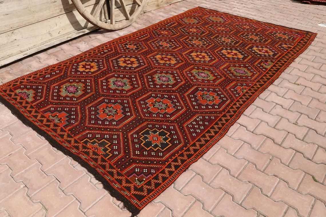 6x10.6 Flatweave Kilim Rug, Turkish Vintage Rug, Oushak Rug, Geometric Rug, Area Rug, Wool Rug, Oriental Rug, Turkey Rug, Diamond Red Rug photo furniture