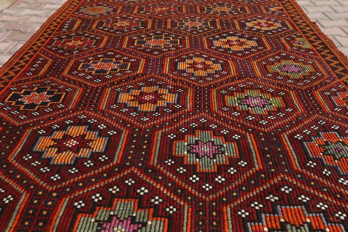 6x10.6 Flatweave Kilim Rug, Turkish Vintage Rug, Oushak Rug, Geometric Rug, Area Rug, Wool Rug, Oriental Rug, Turkey Rug, Diamond Red Rug photo for sale