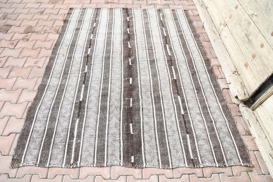 5x7 Double Side Turkish Kilim Brown Ivory Beige Rug, Handwoven Area Kilims, Kilim Rug, Big Size Rug, Natural Wool Kilim Modern 5.3x6.6