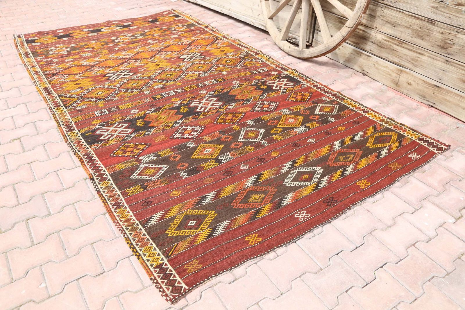 Turkish Kilim, Flatweave, Vintage Oushak, Wool, Handmade, Area Rug, Room Decor, Turkish, Red, Yellow Diamond