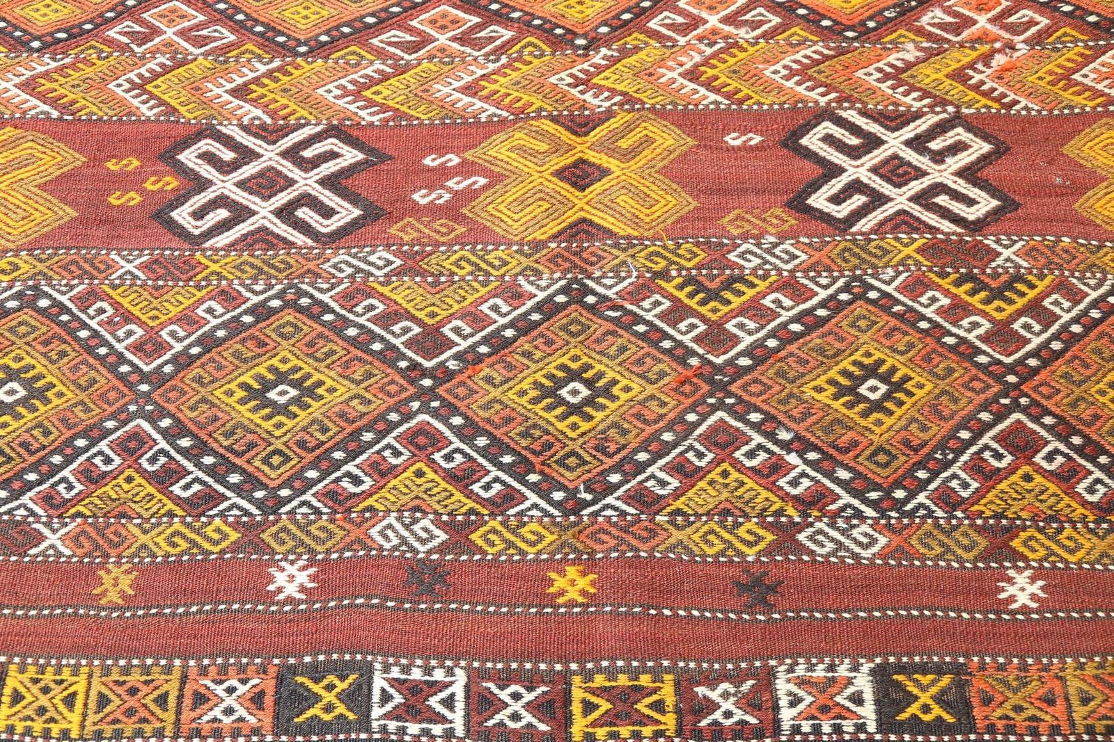 Turkish Kilim, Flatweave, Vintage Oushak, Wool, Handmade, Area Rug, Room Decor, Turkish, Red, Yellow Diamond photo Textiles