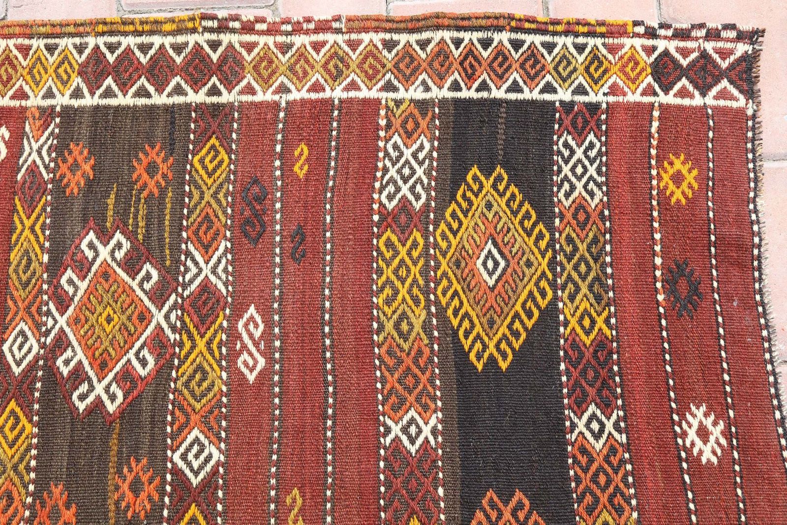 Turkish Kilim, Flatweave, Vintage Oushak, Wool, Handmade, Area Rug, Room Decor, Turkish, Red, Yellow Diamond photo buy