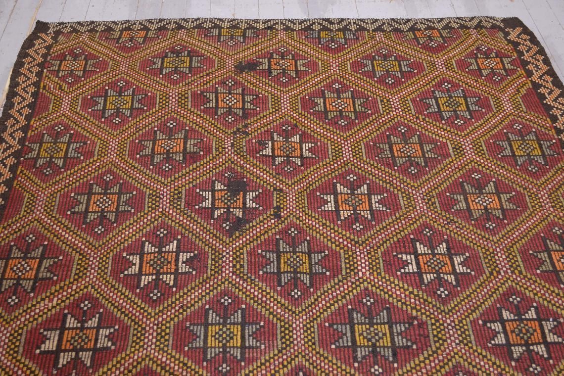 6x10 Kilim Turkish Vintage Rug, Flat Weave Anatolian Rug, Alfombra, Area Rug, Faded Red Orange Geometric Area 5.5x10.2 photo Textiles