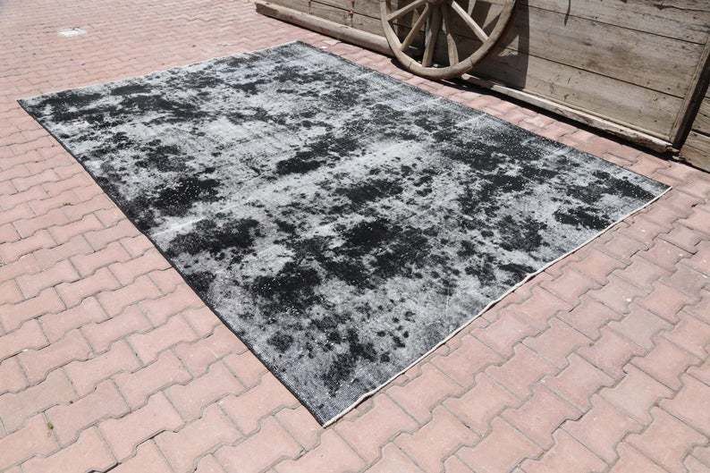 7.3x10.5, Black Turkish Rug, Area Rug, Distressed Muted Handmade Rug, Vintage Turkish Carpet, Black, Wool Rug, Decor Modern Mid Century photo furniture