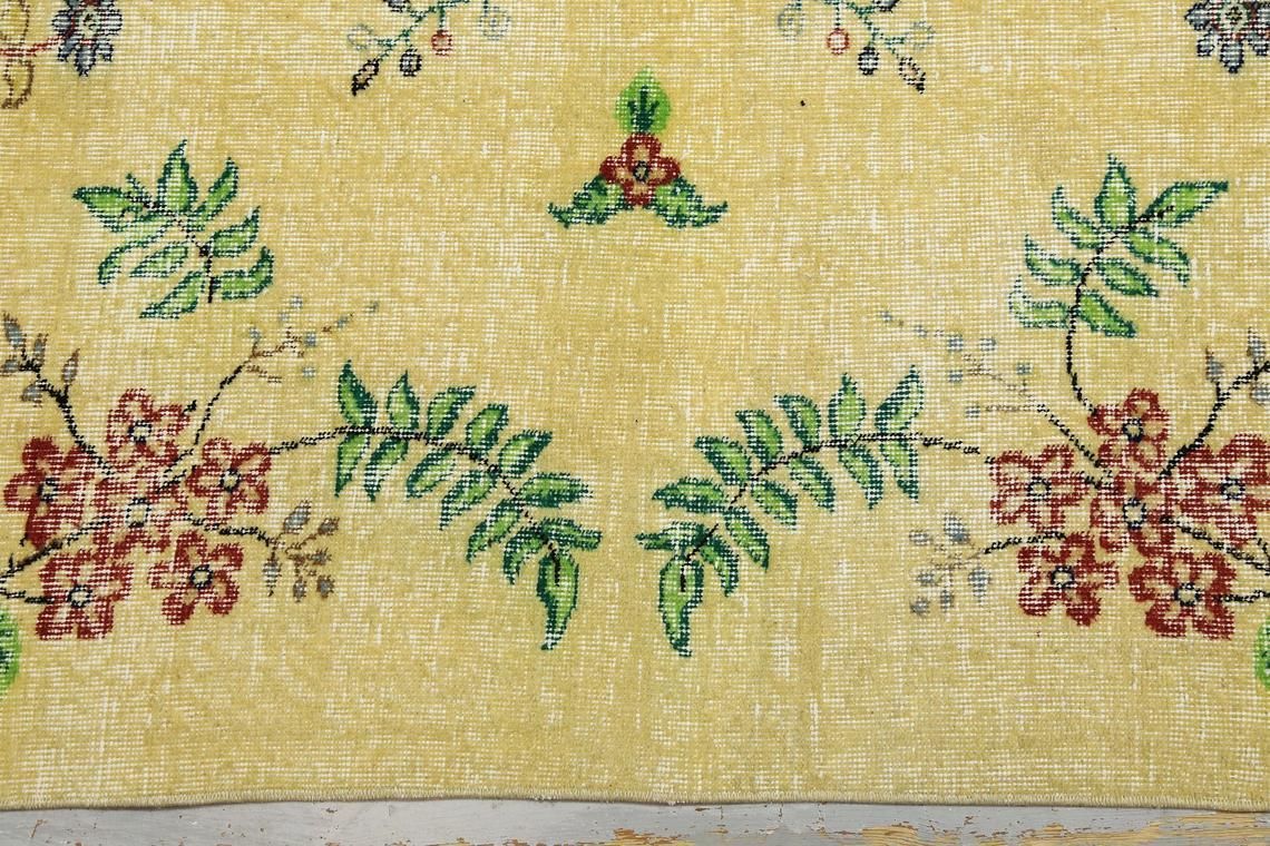 Yellow Rug, Turkish Rug, Vintage Rug, Oushak Rug, Bohemian Rug, Wool On Cotton Floral Rug, Home Decor, Yellow Beige Rugs photo vinterior