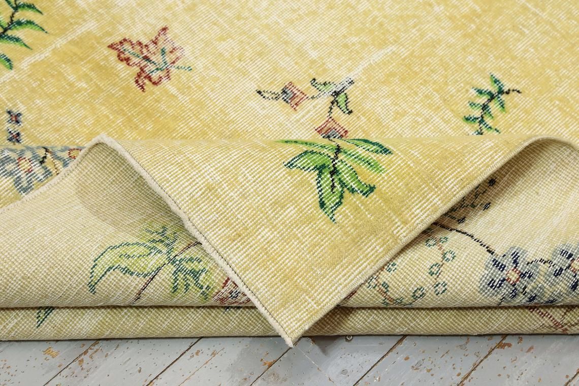photo furniture Yellow Rug, Turkish Rug, Vintage Rug, Oushak Rug, Bohemian Rug, Wool On Cotton Floral Rug, Home Decor, Yellow Beige Rugs