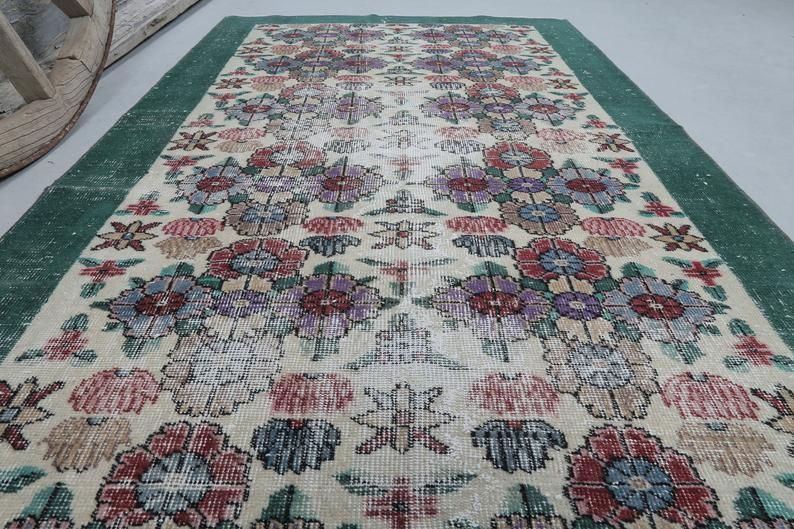 Distressed Green Floral Vintage Rug, Turkish Over Dyed Area Rug, Double Knot, Perfect Condition, Wool On Cotton Foundation Floor photo furniture