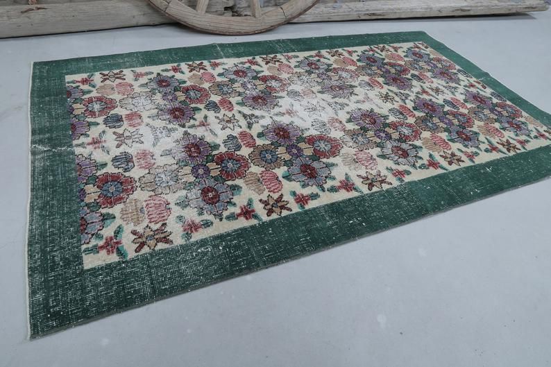 Distressed Green Floral Vintage Rug, Turkish Over Dyed Area Rug, Double Knot, Perfect Condition, Wool On Cotton Foundation Floor photo for sale