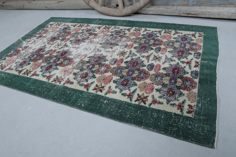 Distressed Green Floral Vintage Rug, Turkish Over Dyed Area Rug, Double Knot, Perfect Condition, Wool On Cotton Foundation Floor photo 240.0