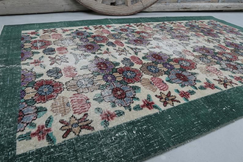 Distressed Green Floral Vintage Rug, Turkish Over Dyed Area Rug, Double Knot, Perfect Condition, Wool On Cotton Foundation Floor photo vintage