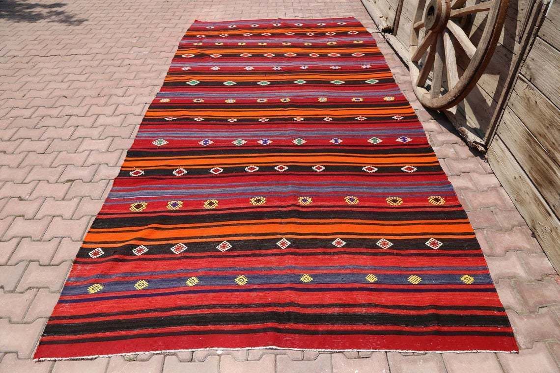 6.2x12.3, Flatweave Rug, Kilim Rug, Area Rug, Turkish Rug, Striped Runner Rug Kilim, Red Rug, Living Room Rug, Red, Black Stripe Diamond