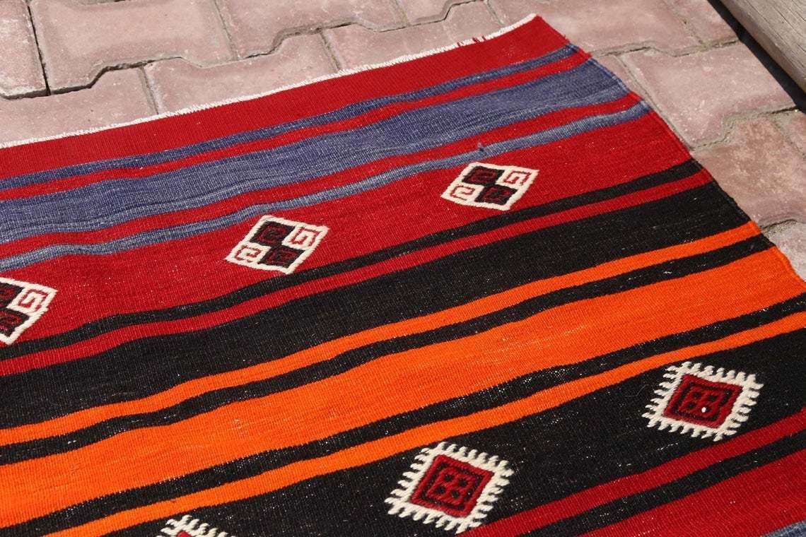 6.2x12.3, Flatweave Rug, Kilim Rug, Area Rug, Turkish Rug, Striped Runner Rug Kilim, Red Rug, Living Room Rug, Red, Black Stripe Diamond photo 478.0