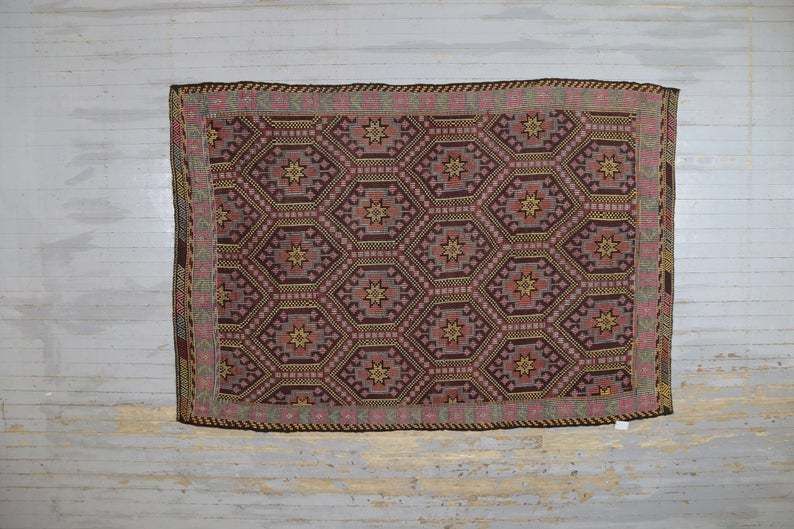 Kilim, Flatweave Rug, Area Rug, Turkish Rug, Vintage Rug, Kilim Rug, Farmhouse Decor, Bohemian Rug, Room Decor, Red, Pink, Brown photo Textiles