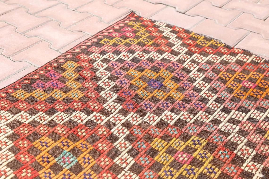 5.4x10.5, Turkish Kilim, Flatweave Rug, Vintage Kilim, Oushak Kilim, Wool, Handmade, Area Rug, Room Decor, Turkish, Geometric, Red, Orange photo vinterior