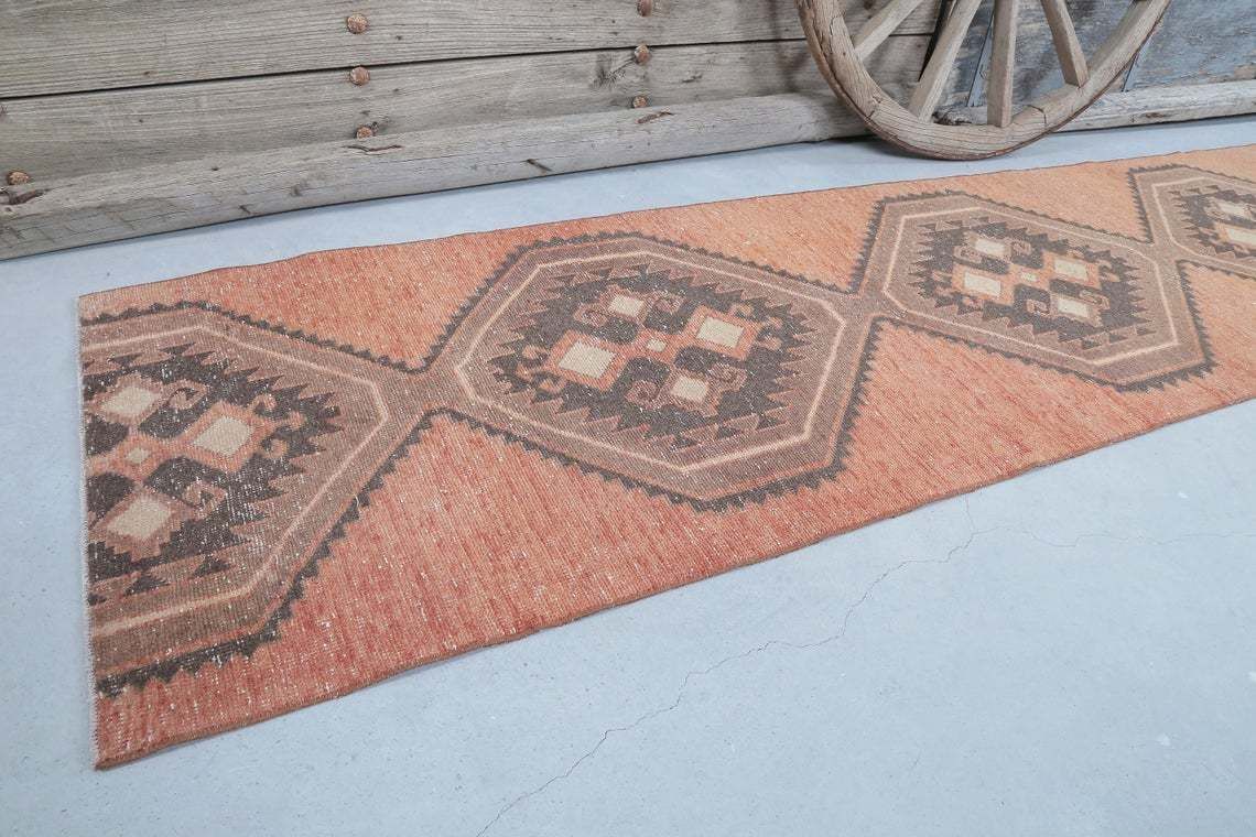 Turkish Oushak Runner, Vintage Runners, Home Decor, Wool Rug, Runners, Bohemian Runner Rug, Turkey Rug, Faded Distressed Orange photo for sale