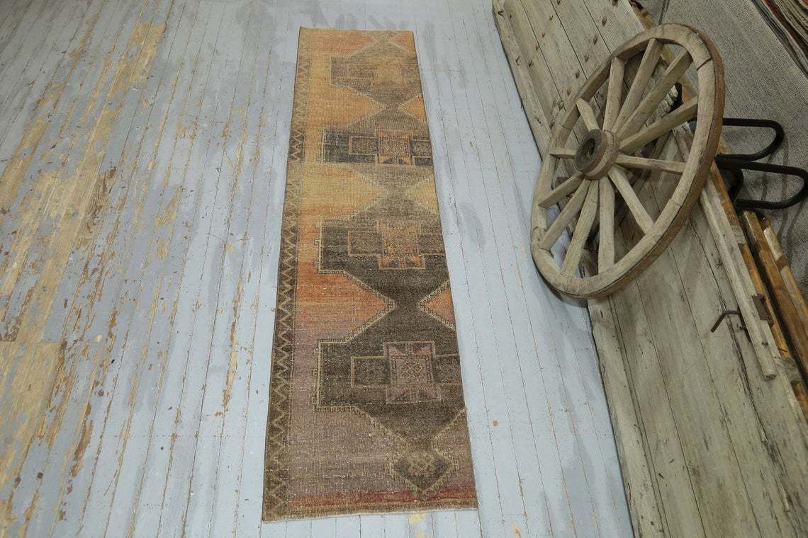 Turkish Vintage Runner, Wool, Runner Rug, Home Decor, Rug Runner, Faded Orange, Brown, Vintage Handmade Diamond Geometric Shape