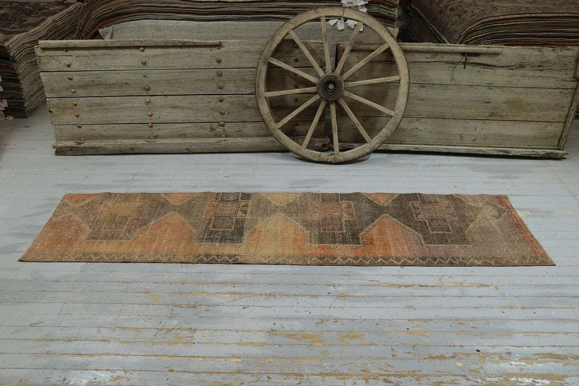 Turkish Vintage Runner, Wool, Runner Rug, Home Decor, Rug Runner, Faded Orange, Brown, Vintage Handmade Diamond Geometric Shape photo for sale