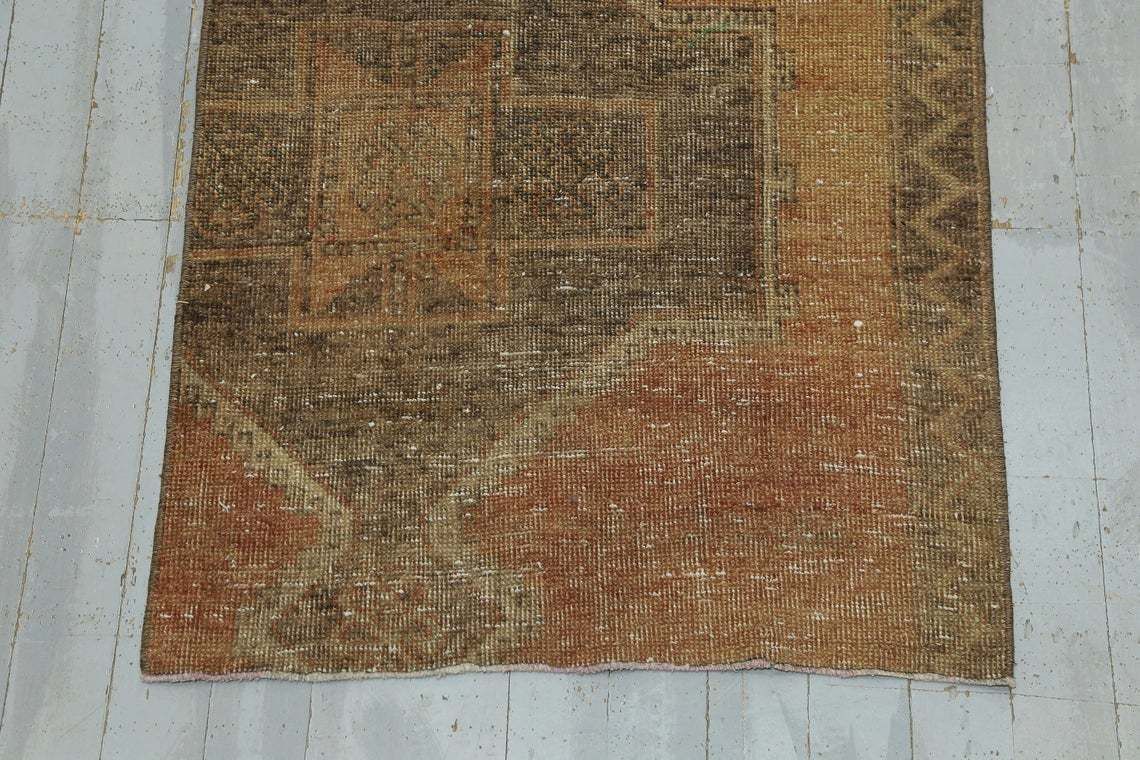 Turkish Vintage Runner, Wool, Runner Rug, Home Decor, Rug Runner, Faded Orange, Brown, Vintage Handmade Diamond Geometric Shape photo 272.0