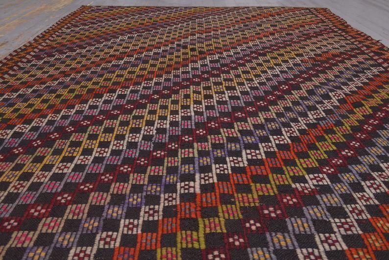 Flatweave Turkish Rug, Kilim Turkish Kelim Handwoven Geometric, Farmhouse Decor Area Rug, Red Beige Brown Squared Checkered Boho Chic photo Textiles