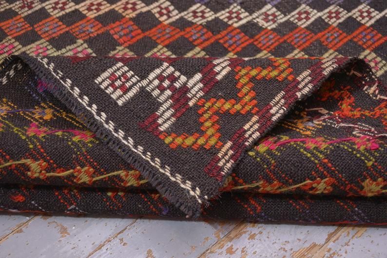 photo for sale Flatweave Turkish Rug, Kilim Turkish Kelim Handwoven Geometric, Farmhouse Decor Area Rug, Red Beige Brown Squared Checkered Boho Chic