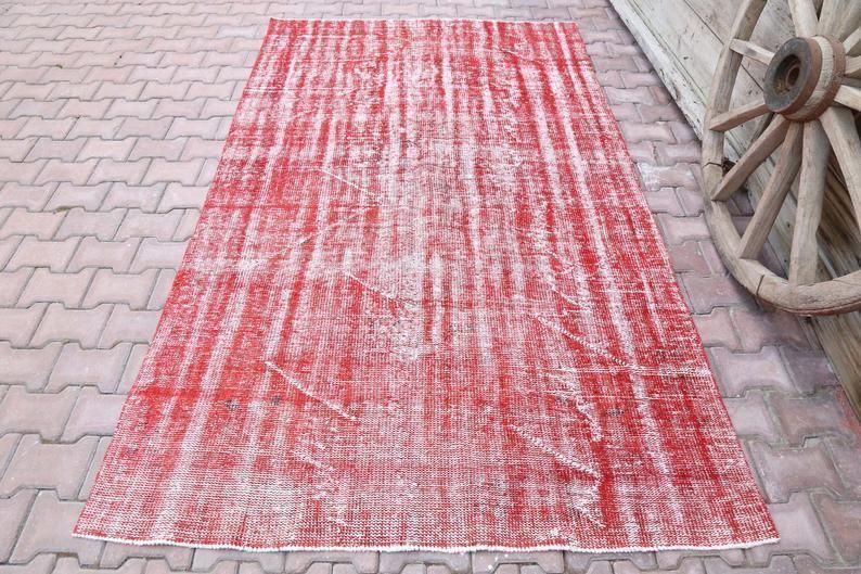 5.1x8.5, Vintage Distressed Red Turkish Rug, Vintage Area Rug, Wool Rug, Turkey Rug, Rugs, Modern, Contemporary Mid Century Farmhouse Decor