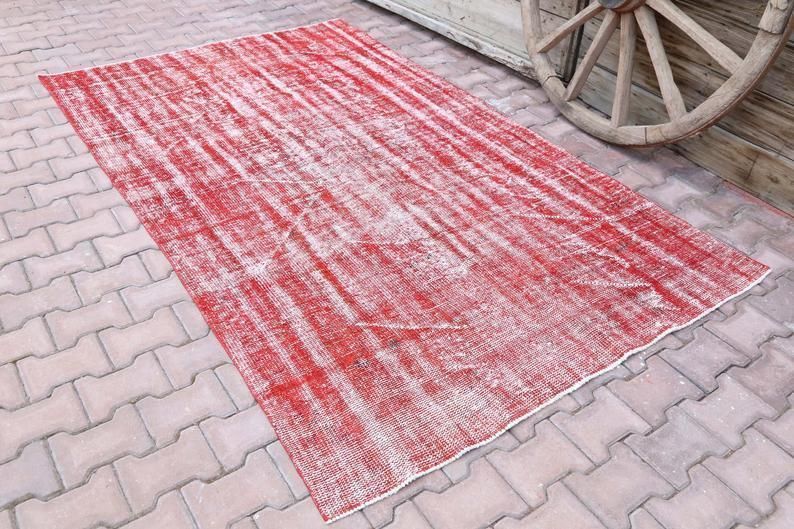 5.1x8.5, Vintage Distressed Red Turkish Rug, Vintage Area Rug, Wool Rug, Turkey Rug, Rugs, Modern, Contemporary Mid Century Farmhouse Decor photo for sale