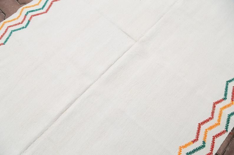 4.6x7.2, Kilim Rug, Flatweave, Turkish Rug, White, Flat Weave, Turkey Rug, Colorful Zig Zag Lines, Weave, Hand Woven, Han Spun Wool, Cotton photo Textiles