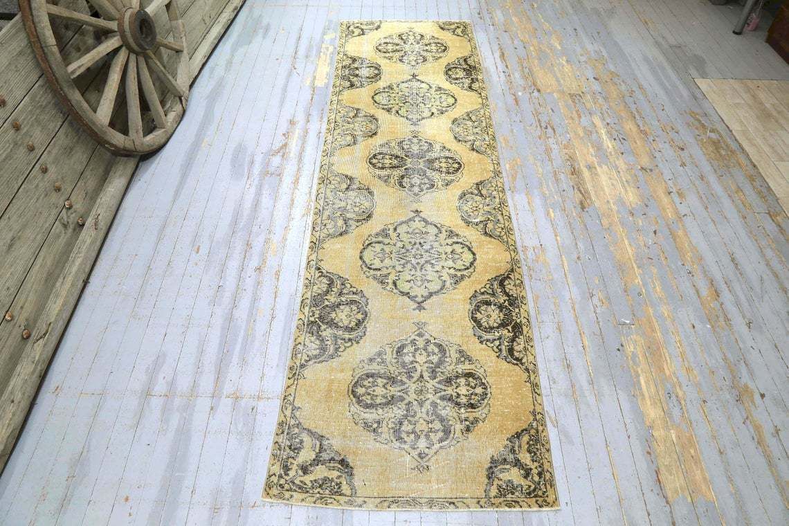 Hallway Turkish Runner, Oriental Vintage Faded Orange, Natural Beige, Wool, Handmade, Oushak Bohemian Runner, Wide Neutral Beige