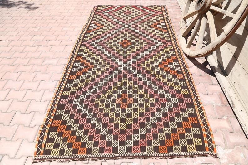 4.8x9.7, Flat Weave Rug, Kilim Rug, Vintage Kelim, Turkish Rug, Vintage Area Rug, Bohemian Rug, Kilim Rug, Brown Beige
