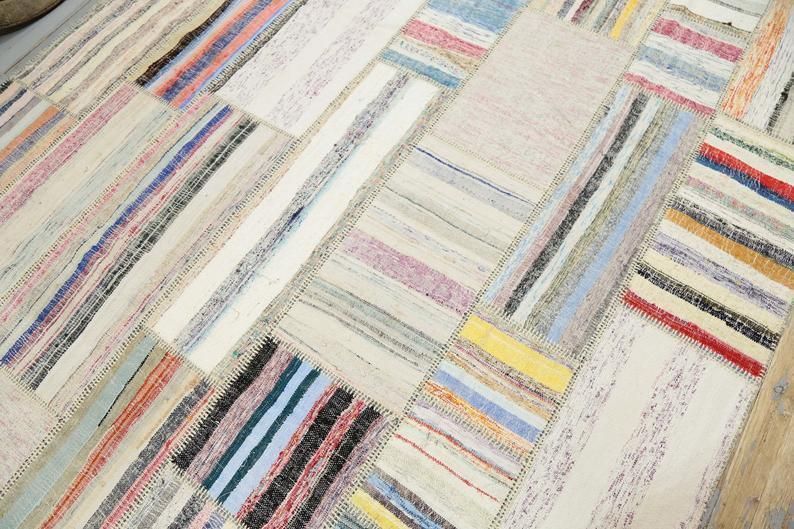 83x113, Kilim, Tribal Flatweave Area Rug, Turkish Handwoven White Beige Ivory Neutral, Stripe Patch Geometric Modern Natural Boho Chic photo vintage