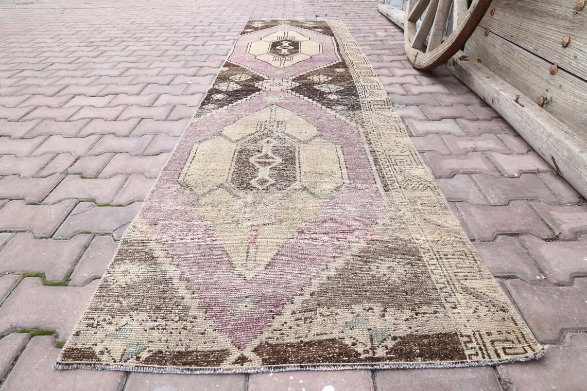 Vintage Runner, Gypsy, Turkish Hallway Oushak Runner, Handmade, Wool, Home Decor, Faded Purple, Pink, Beige, Distressed Brown